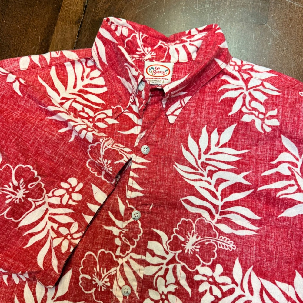 Go Barefoot Hawaiian Shirt Mens Large Red White‎ Hibiscus Floral Cotton Made USA
